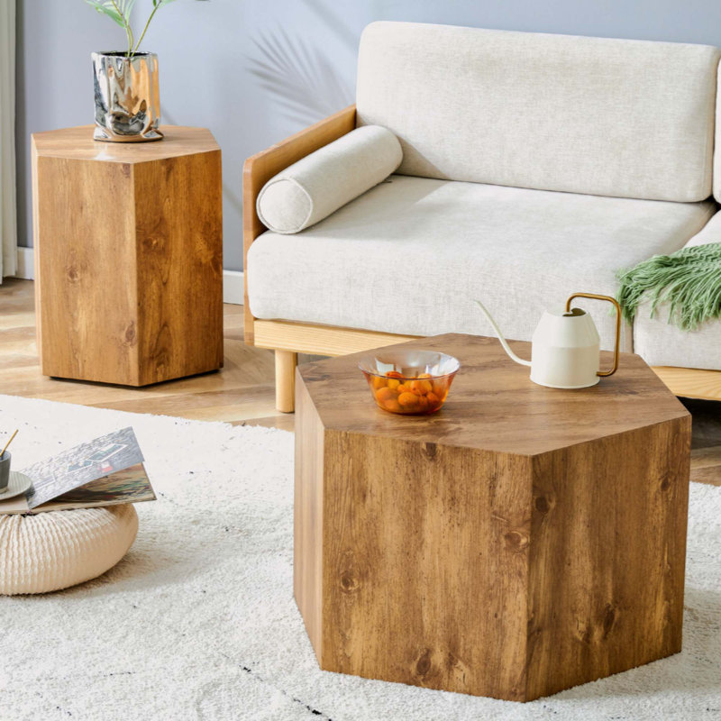 Modern Minimalist Set Of Two Hexagonal Wood Grain MDF Coffee Tables.Modern MDF Coffee Table With Complex Texture Patterns Style And Texture Coffee
